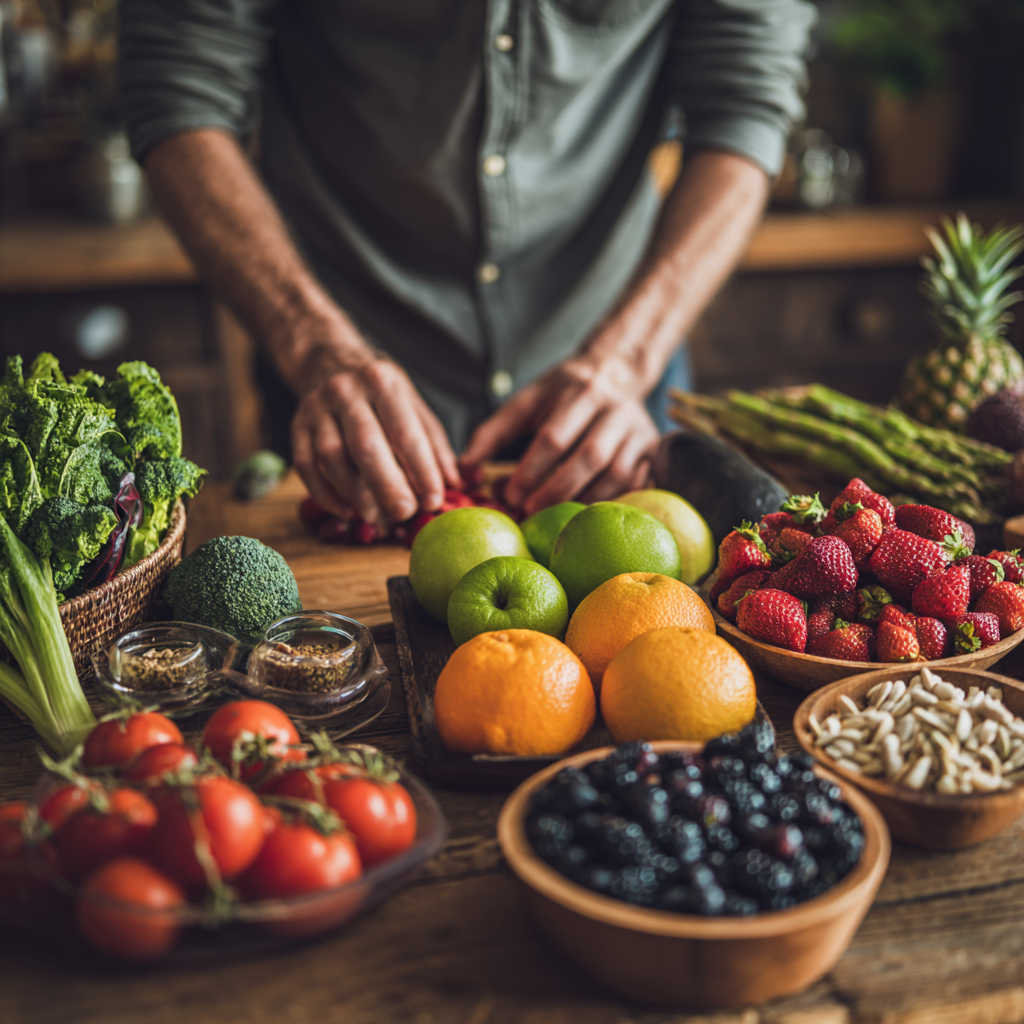 Mature adult arranging colorful variety of healthy foods representing different dietary approaches