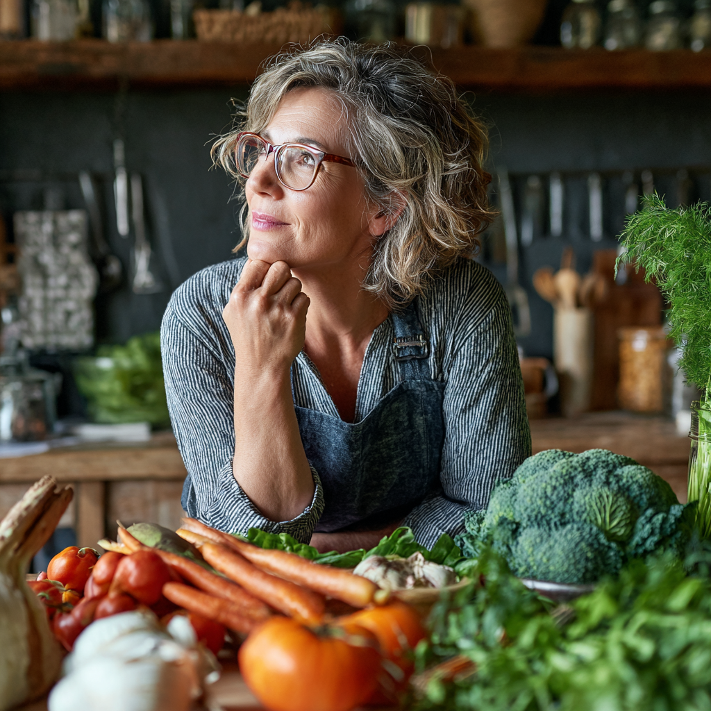 Middle-aged person thoughtfully planning healthy meals with fresh ingredients